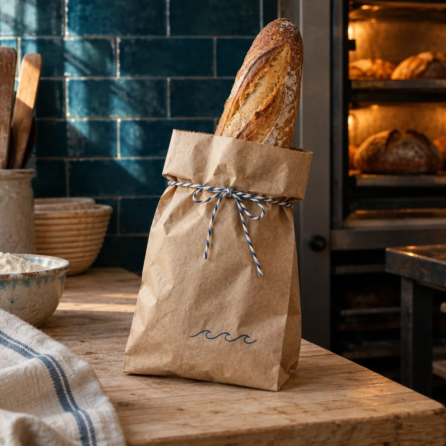 A kraft paper bag tied with blue and white twine and a baguette inside