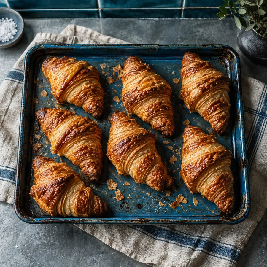 Eight butter croissants on a battered blue enamel tray