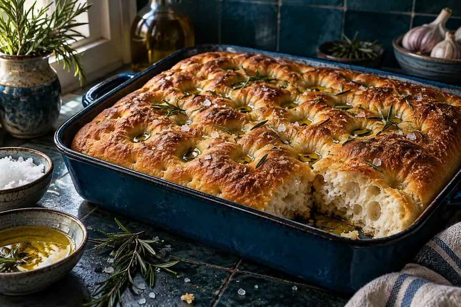 Rosemary focaccia in a blue enamel pan with flaky salt