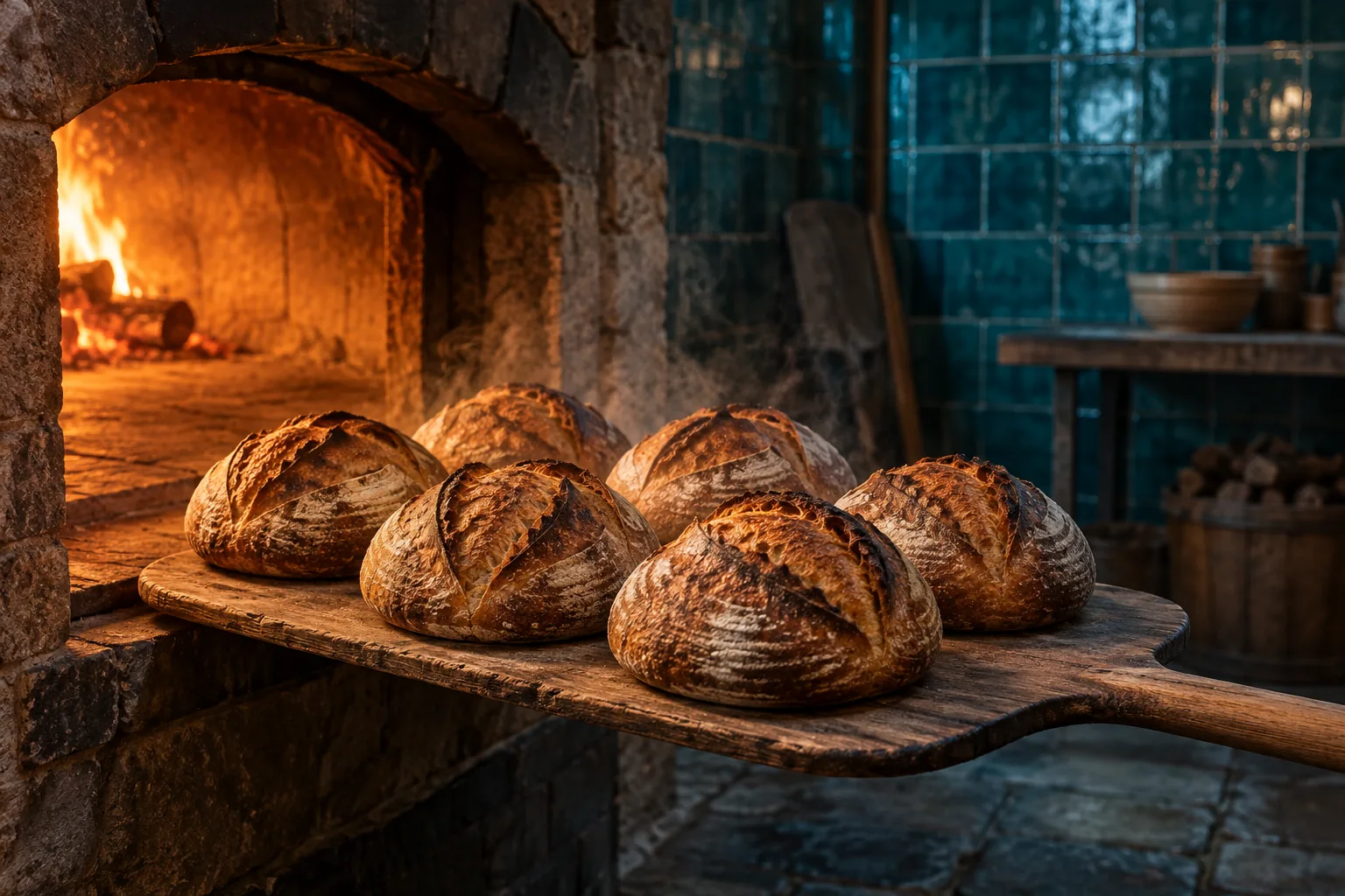 Six sourdough boules with dark scored crusts resting on a wooden peel at the mouth of the stone oven, teal tiles behind
