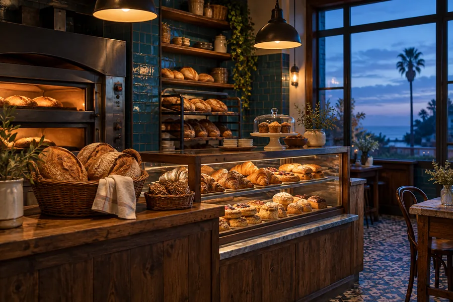 The bakery before opening, with lights on, a pastry case and a palm tree at the window