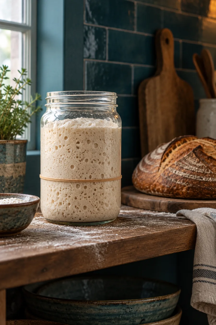 A glass jar of bubbly sourdough starter with a rubber band marking its starting level, well below the risen top