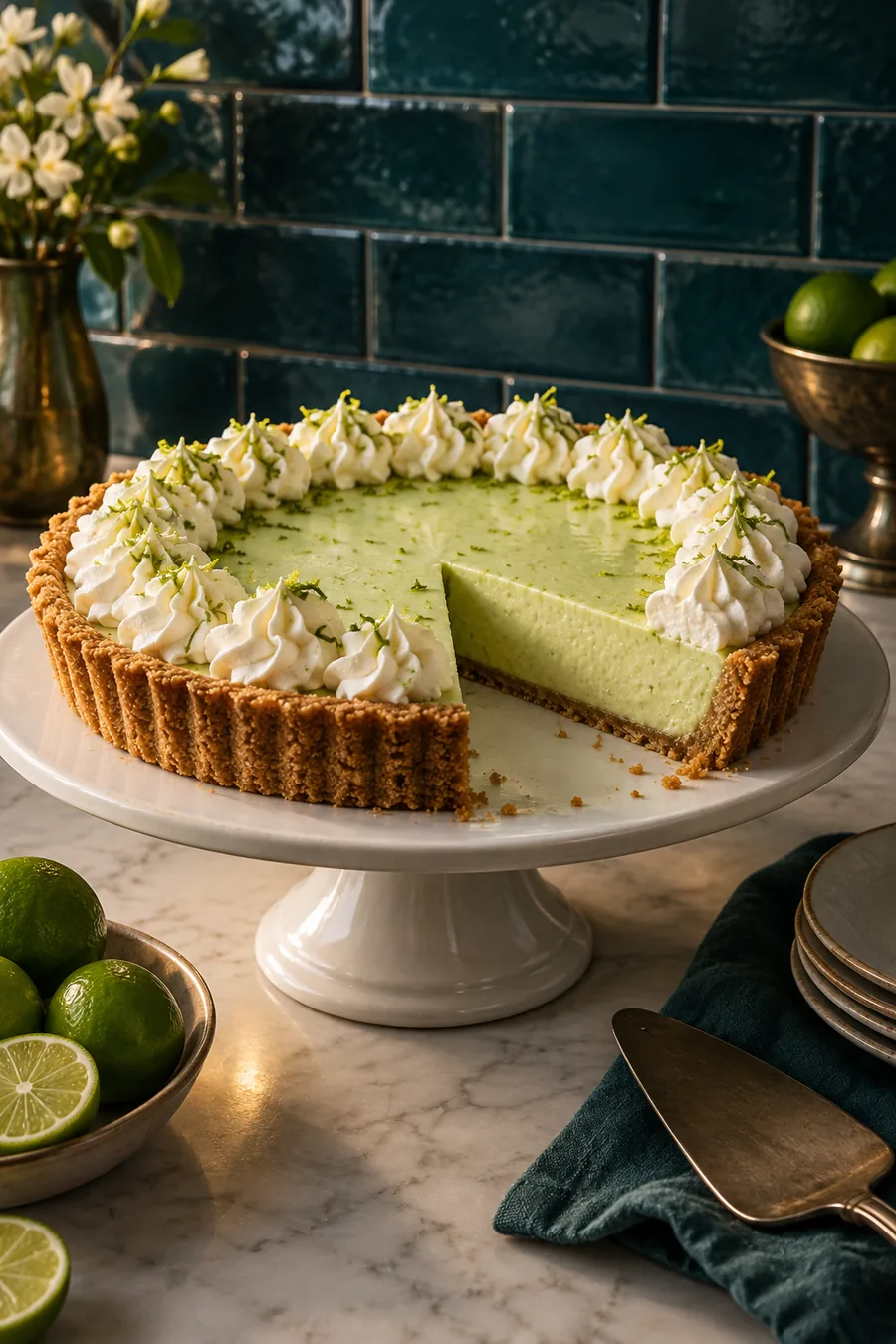 Key lime tart on a white stand with one slice cut out
